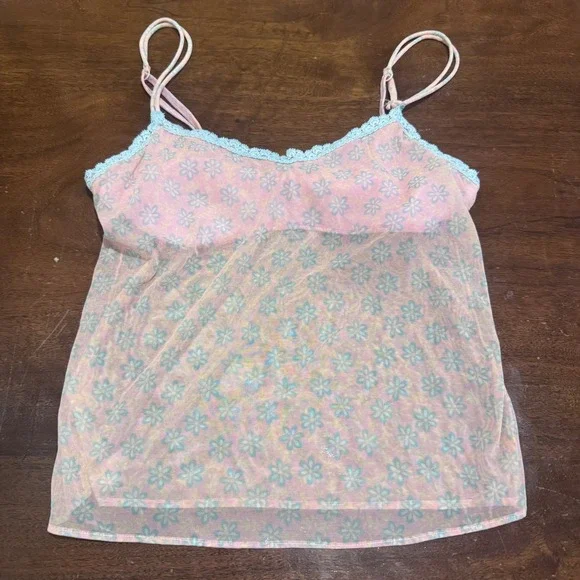 Cosabella Pink Floral Mesh Lace Trim Sheer Romance Sensual Cami Made in IT Sz M - Picture 2 of 8
